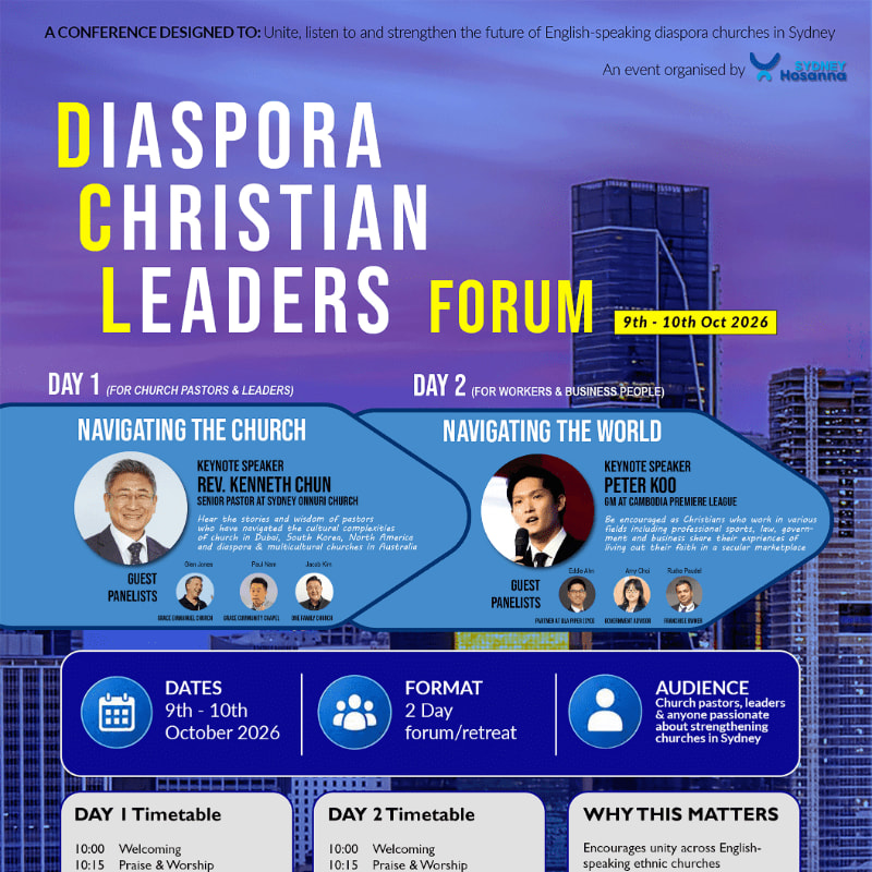 A blue poster advertises the Diaspora Christian Leaders Forum in Sydney, with details of speakers, dates, and schedules in the foreground and a cityscape silhouette in the background.