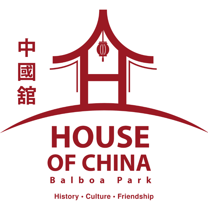 A stylized red pagoda with Chinese characters and the words "HOUSE OF CHINA Balboa Park History Culture Friendship" are displayed against a white background.