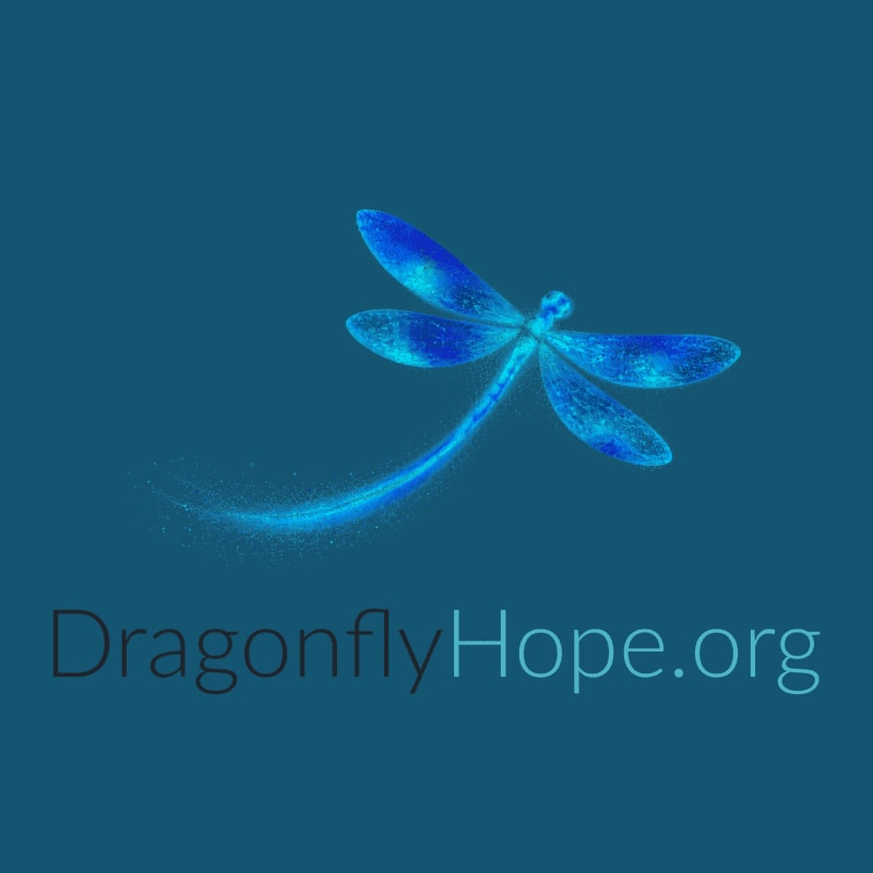 A glowing blue dragonfly with a shimmering trail flies across a teal background, with the text "DragonflyHope.org" below it.