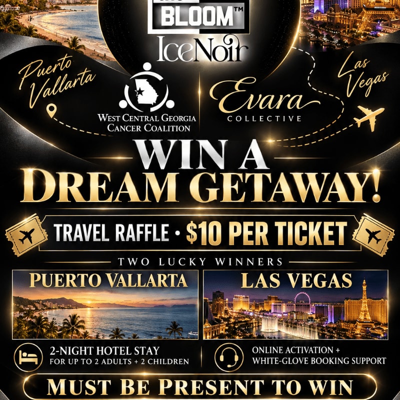 A travel raffle poster advertises a dream getaway to Puerto Vallarta and Las Vegas, with images of tropical beaches and city lights in the background.