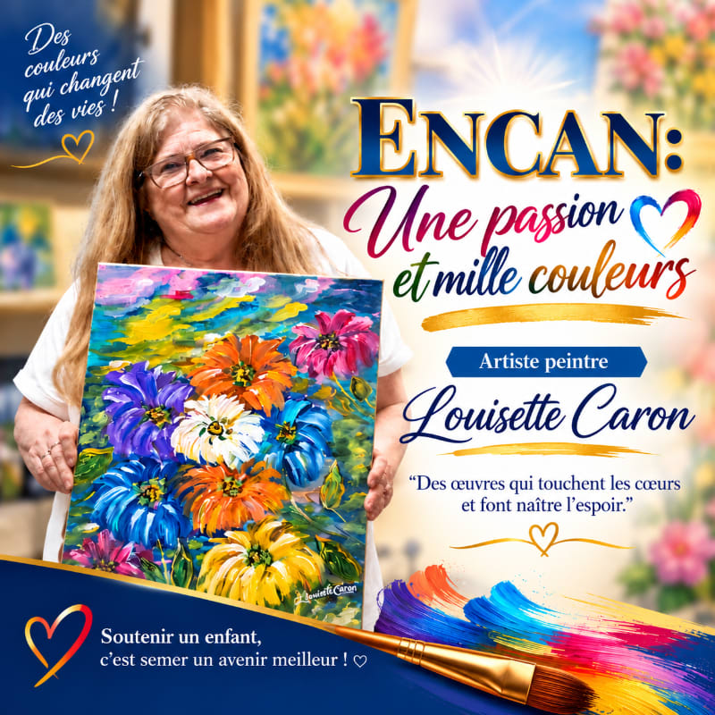 A smiling woman holds a vibrant floral painting in the foreground, with a blurred background of more colorful artwork and text overlay.