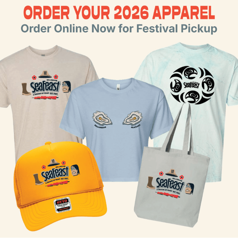 A yellow trucker hat and a tote bag are in the foreground, with three t-shirts featuring "Seafeast" branding displayed behind them against a light peach background.