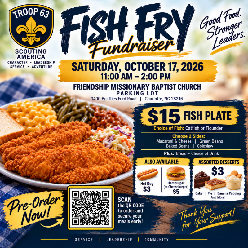 A plate of fried fish and sides is in the foreground, with event details for a Scouting Troop 63 fish fry fundraiser in the background.
