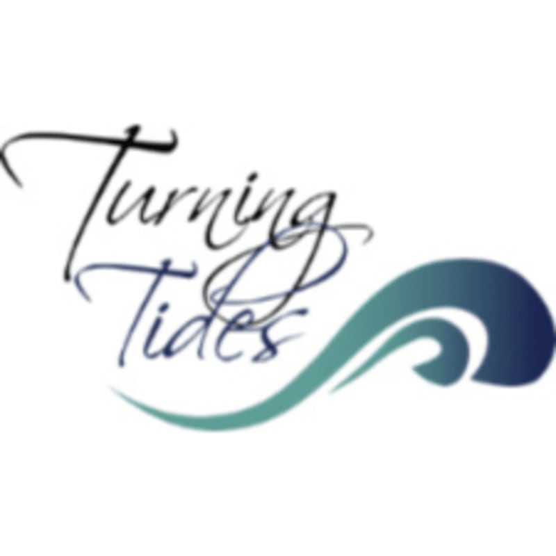 Elegant script lettering spelling "Turning Tides" floats above a stylized wave that transitions from teal to deep blue.