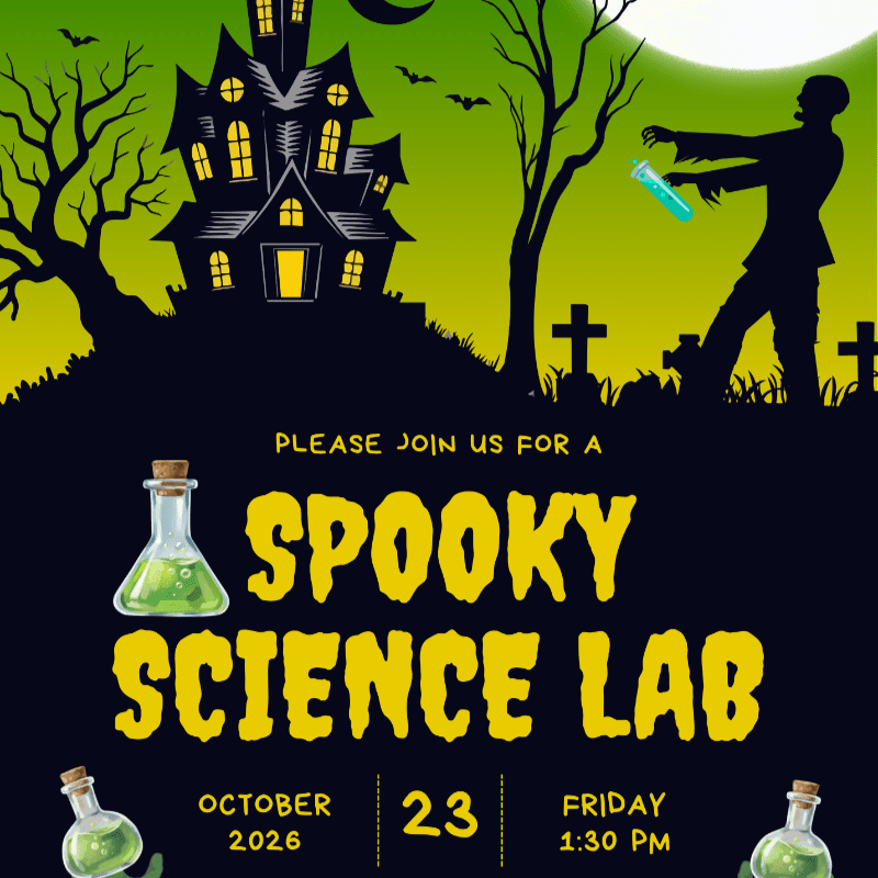 A spooky Halloween invitation features a haunted house and a zombie in the background, with bubbling beakers and event details in the foreground.