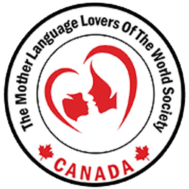 A circular logo with a red heart enclosing two profiles kissing, surrounded by text "The Mother Language Lovers Of The World Society" and two red maple leaves with "CANADA" below.