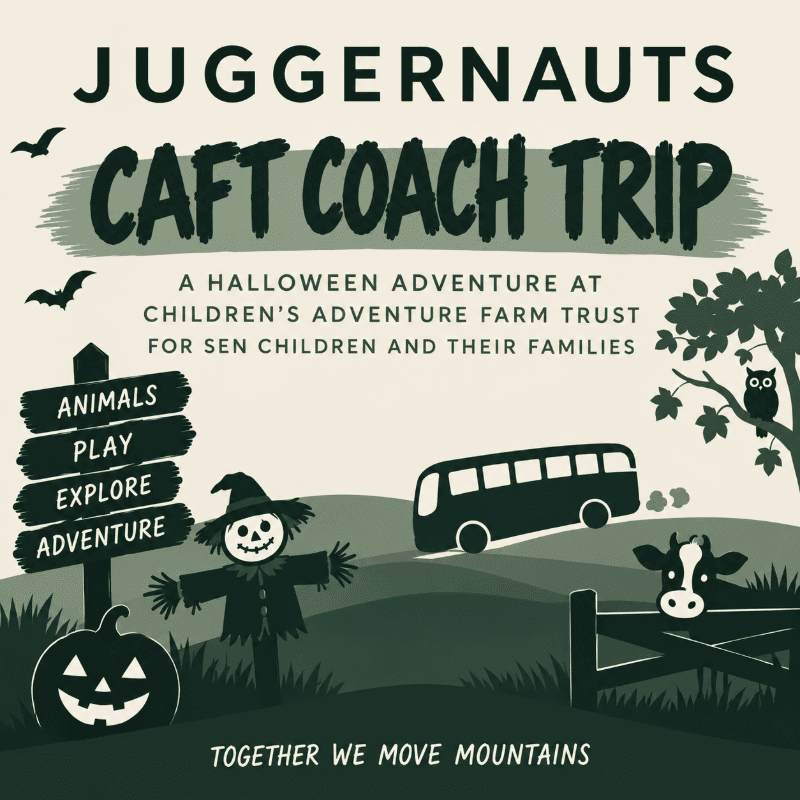 A Halloween-themed illustration features a scarecrow and pumpkin in the foreground, with a bus and farm animals in the background under a spooky sky with bats.