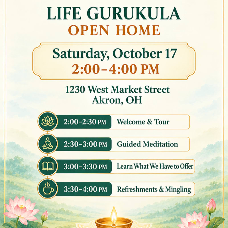 A flyer for a Life Gurukula Open Home event on Saturday, October 17th, features a schedule of activities with lotus flowers and a lit diya in the foreground against a soft, green, hilly background.