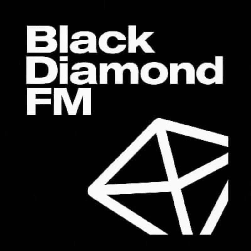 White text reading "Black Diamond FM" is in the upper left, with a stylized white diamond shape in the lower right, all on a black background.