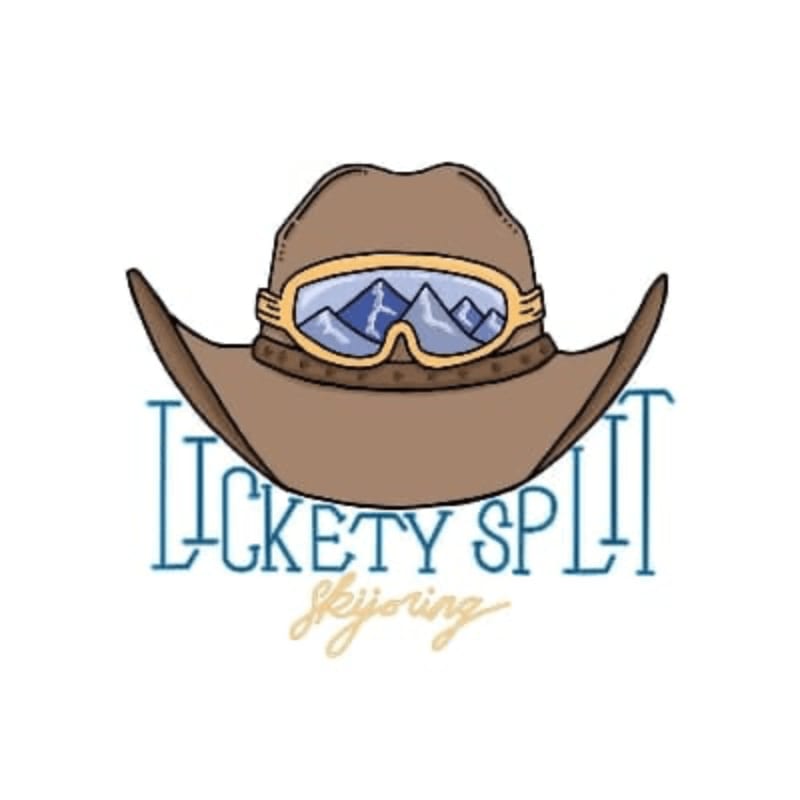 A brown cowboy hat with ski goggles reflecting mountains sits above the words "LICKETY SPLIT" and "skijoring" on a white background.