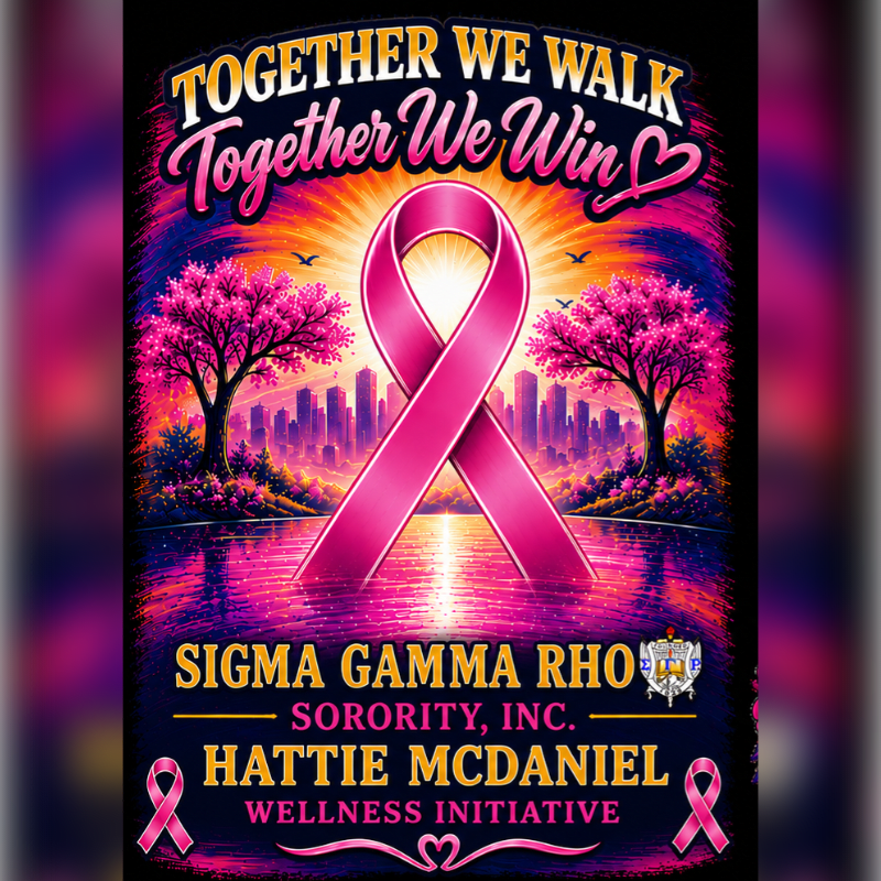 A large pink ribbon stands in the foreground against a vibrant sunset over a city skyline, with trees and water reflecting the colors, all framed by text promoting a wellness initiative.