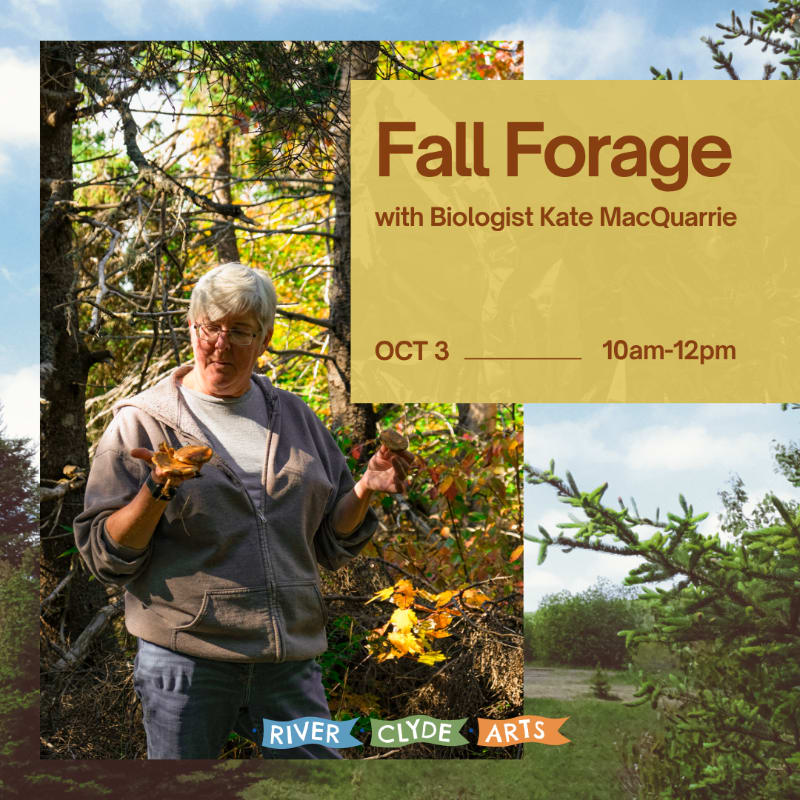 A woman in the foreground holds leaves while a banner in the background advertises "Fall Forage" with Biologist Kate MacQuarrie on October 3rd.