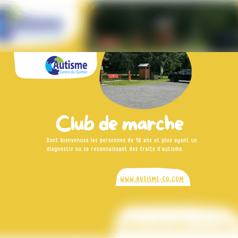 A yellow background with a logo and text about a walking club in the foreground, and a blurred outdoor scene with trees and a parking lot in the background.