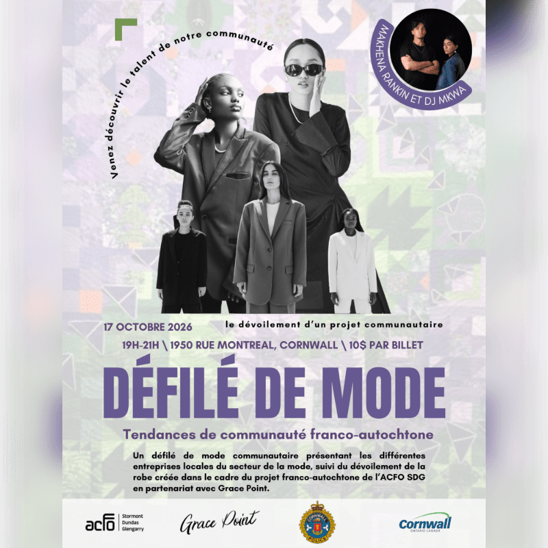 Models in stylish suits and dresses are showcased against a vibrant background with event details for a Franco-Indigenous fashion show.