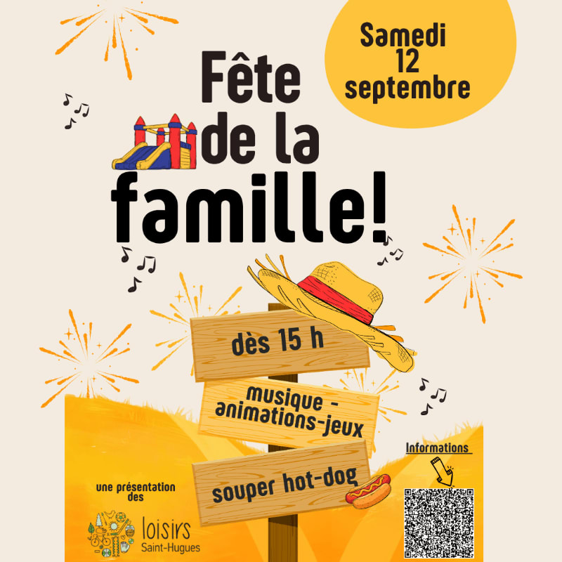 A festive poster announces a family celebration with a bouncy castle and fireworks in the background, and a straw hat, wooden signs detailing activities, and a hot dog in the foreground.