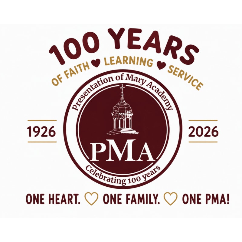 A circular logo with "PMA" in the center, featuring a building silhouette and text celebrating "100 YEARS" of "FAITH LEARNING SERVICE" and "ONE HEART. ONE FAMILY. ONE PMA!" is set against a white background.