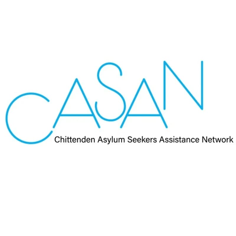 Cyan text spelling out "CASAN" with "Chittenden Asylum Seekers Assistance Network" below it is set against a plain white background.
