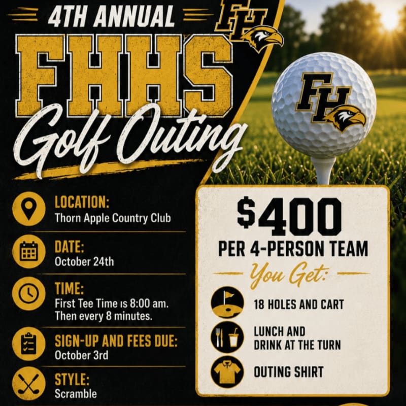 A golf ball sits on a tee in the foreground, with event details for the 4th Annual FHHS Golf Outing filling the background.