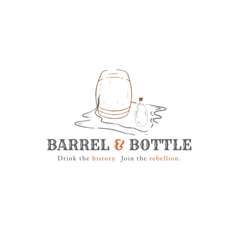 A sketched barrel and bottle sit on a puddle in the foreground, with the text "BARREL & BOTTLE Drink the history. Join the rebellion." below on a white background.