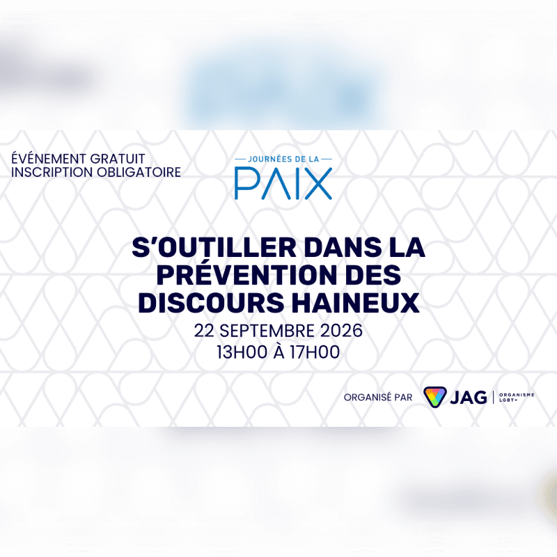 A white background with a blue and white geometric pattern hosts text announcing a free event on September 22, 2026, about preventing hate speech, organized by JAG.
