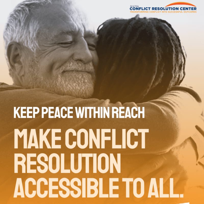 Two people embrace in the foreground, with a warm gradient background and text promoting conflict resolution.