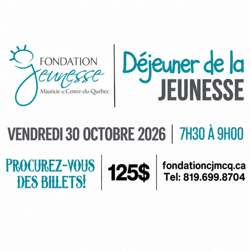 A white background displays event details for a "Déjeuner de la Jeunesse" in the foreground, including the date, time, price, and contact information.