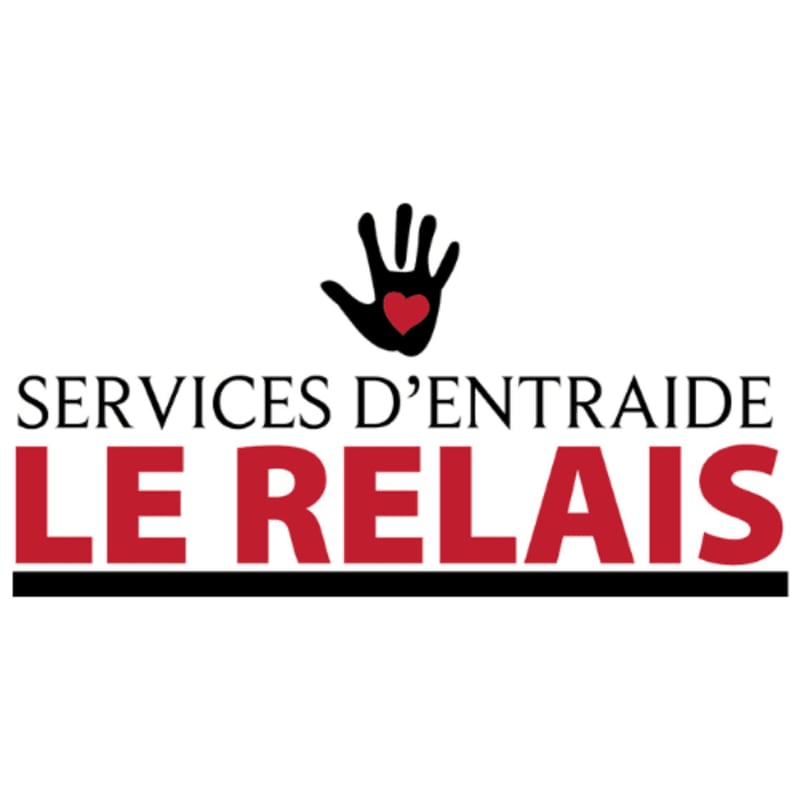 A black handprint with a red heart in its palm is centered above the text "SERVICES D'ENTRAIDE LE RELAIS" in black and red lettering, all set against a plain white background.