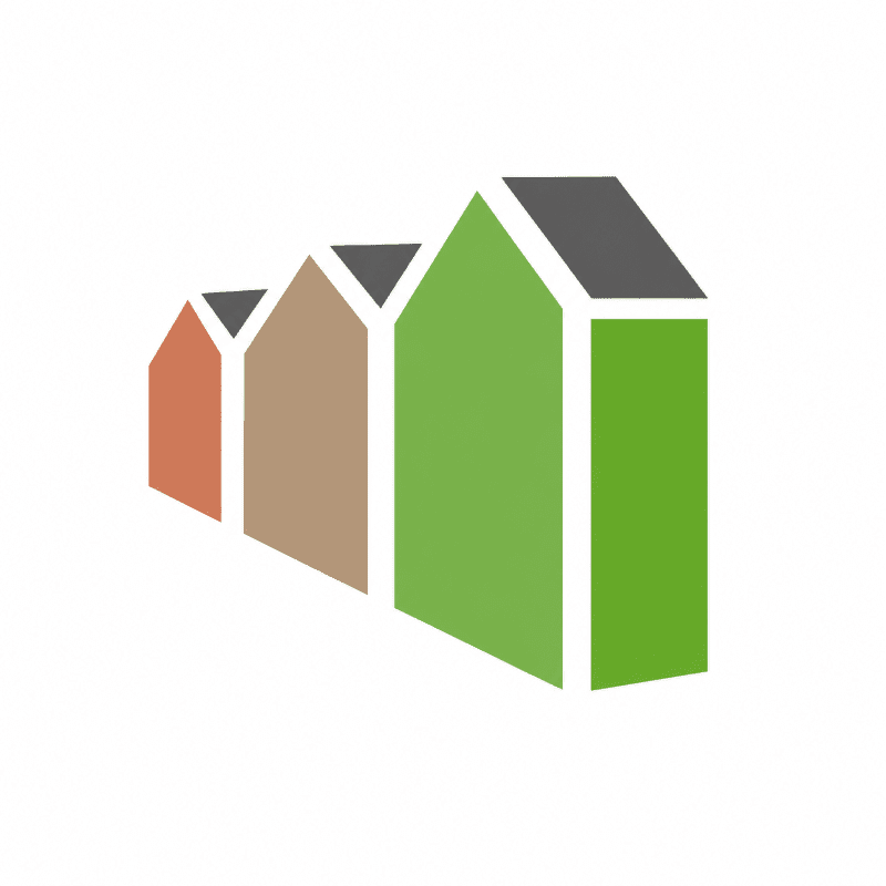 A row of stylized houses in varying colors recedes into a white background.