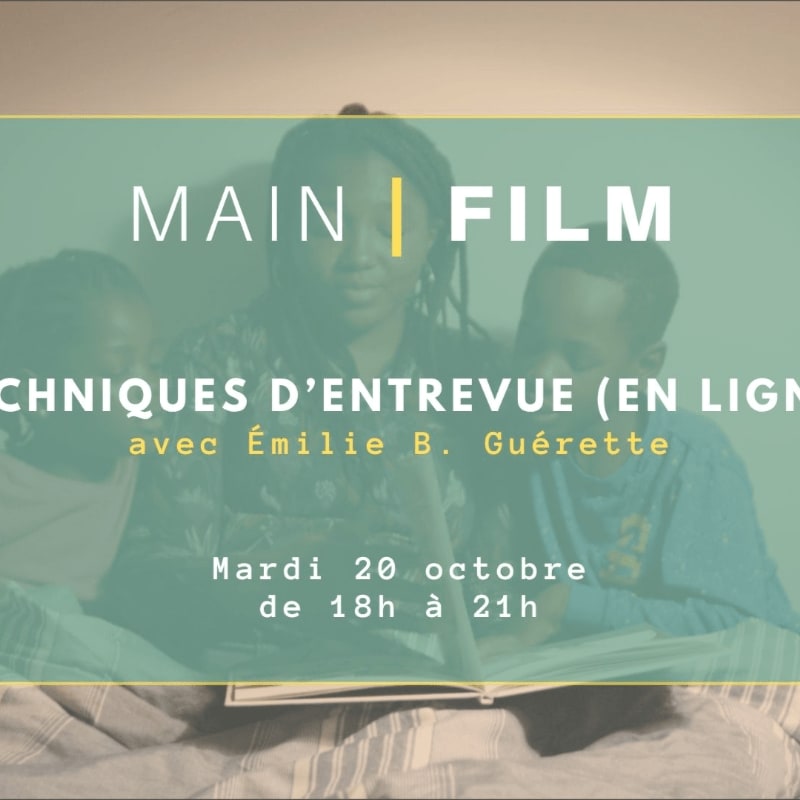 A blurred background of three people is overlaid with text announcing an online interview techniques workshop with Émilie B. Guérette on Tuesday, October 20th from 6 PM to 9 PM, with an open book in the foreground.