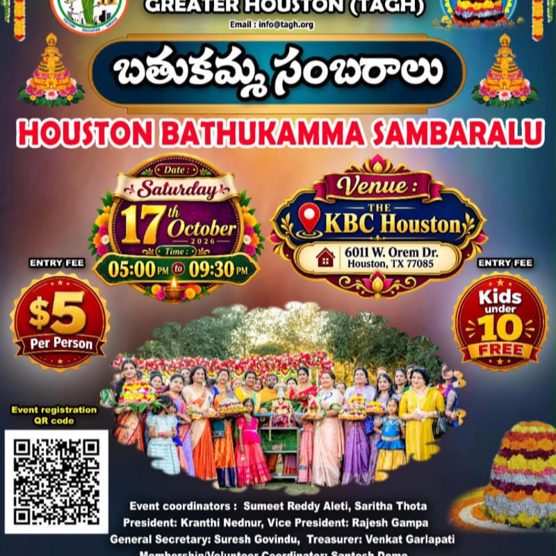 A vibrant poster advertises the Houston Bathukamma Sambaraalu, featuring event details in the foreground and a colorful image of women celebrating in the background.