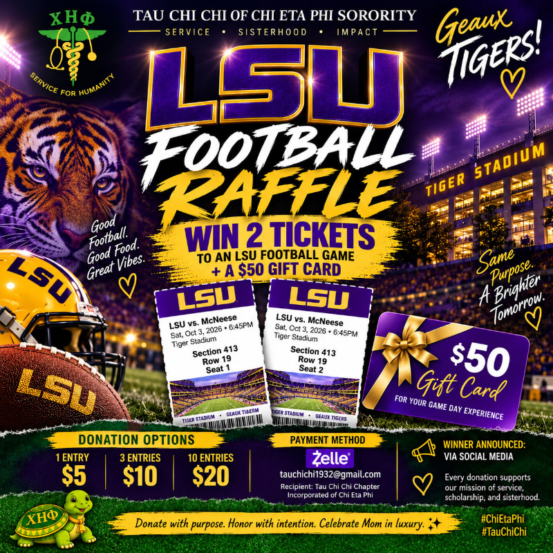 A football, helmet, and raffle tickets are in the foreground, with a stadium and tiger in the background.
