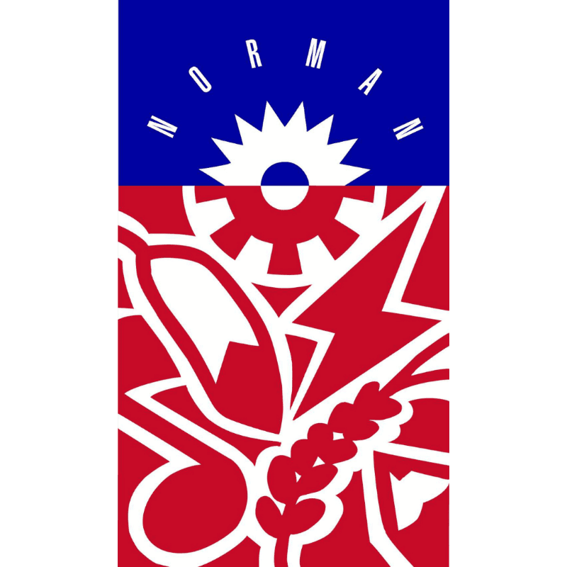A white background frames a logo divided into a blue top with the word "NORMAN" arched over a white sunburst, and a red bottom filled with abstract red and white symbols of industry and agriculture.