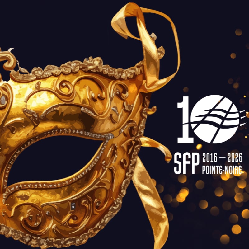 A golden, ornate masquerade mask rests in the foreground against a dark background with bokeh lights and a logo indicating "SFP 2016-2026 Pointe-Noire".