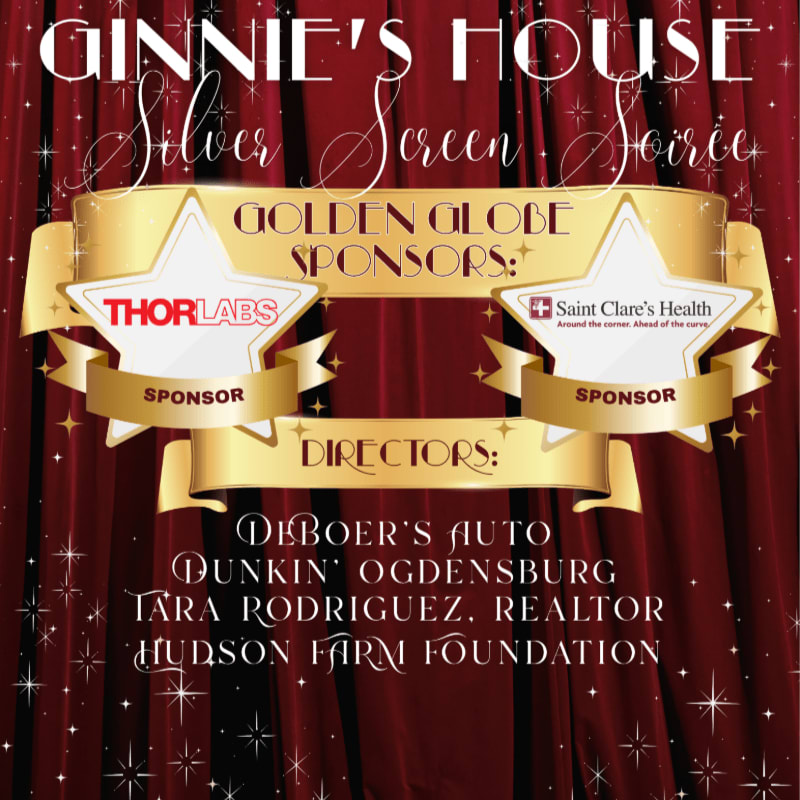A red velvet curtain with sparkling lights forms the background for a gold banner listing "Ginnie's House Silver Screen Soiree" sponsors and directors.