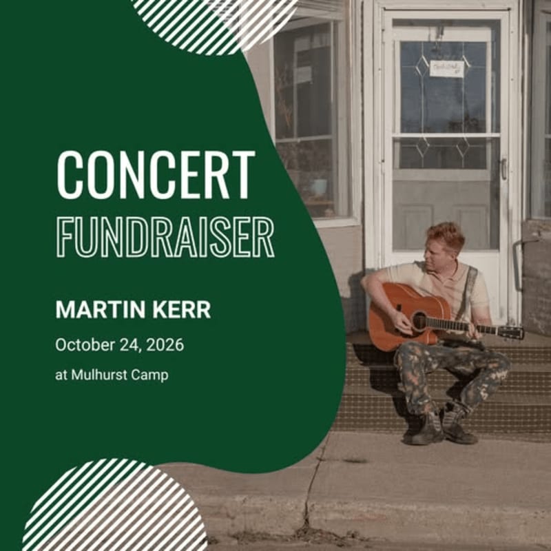 A man plays guitar on steps in front of a building, with text announcing a concert fundraiser for Martin Kerr on October 24, 2026, at Mulhurst Camp.