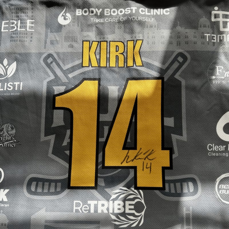 A hockey jersey with the name KIRK and number 14 is displayed against a background of various logos and text.