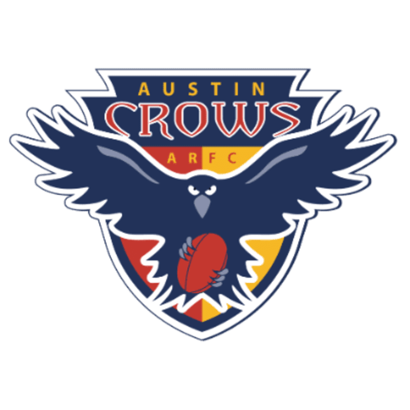 A stylized crow with outstretched wings clutches a football in the foreground, set against a shield with the text "AUSTIN CROWS ARFC" in the background.