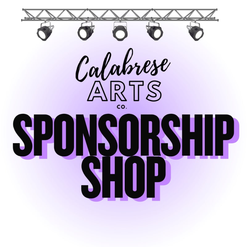 Spotlights illuminate the words "Calabrese ARTS CO. SPONSORSHIP SHOP" against a soft purple gradient background.