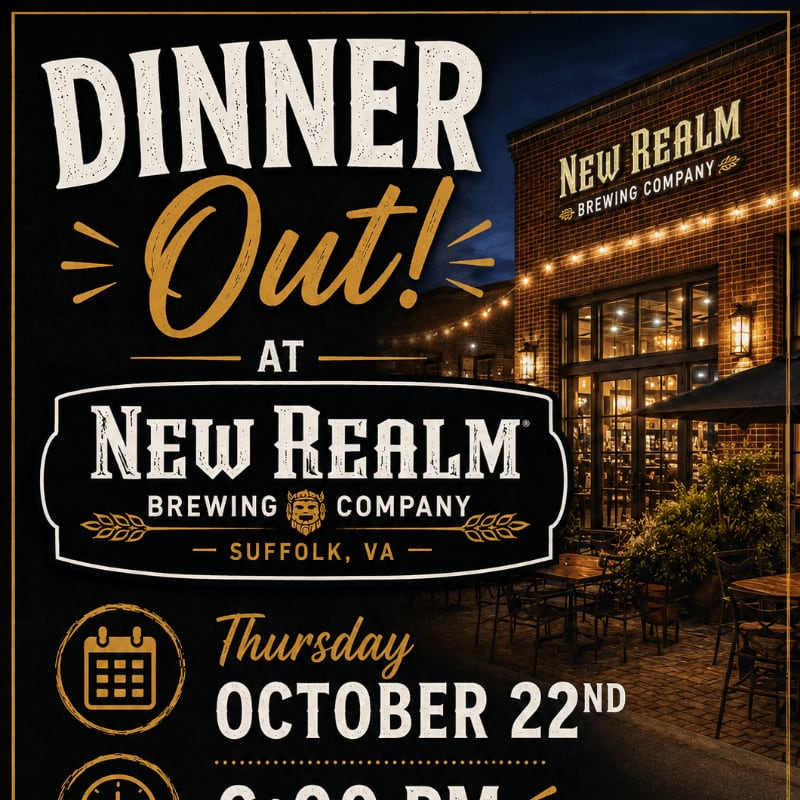 A "Dinner Out!" event is advertised for New Realm Brewing Company in Suffolk, VA, on Thursday, October 22nd, with the brewery's exterior visible in the background.