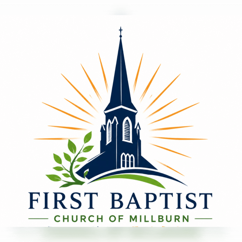 A dark blue church steeple with radiating orange lines rises behind a green leafy branch and the words "FIRST BAPTIST CHURCH OF MILLBURN" on a white background.