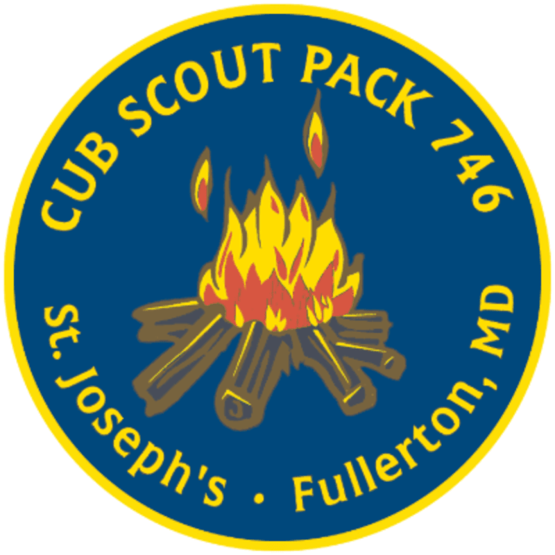 A campfire with flames in the foreground is set against a dark blue circular background with yellow text around the edge.