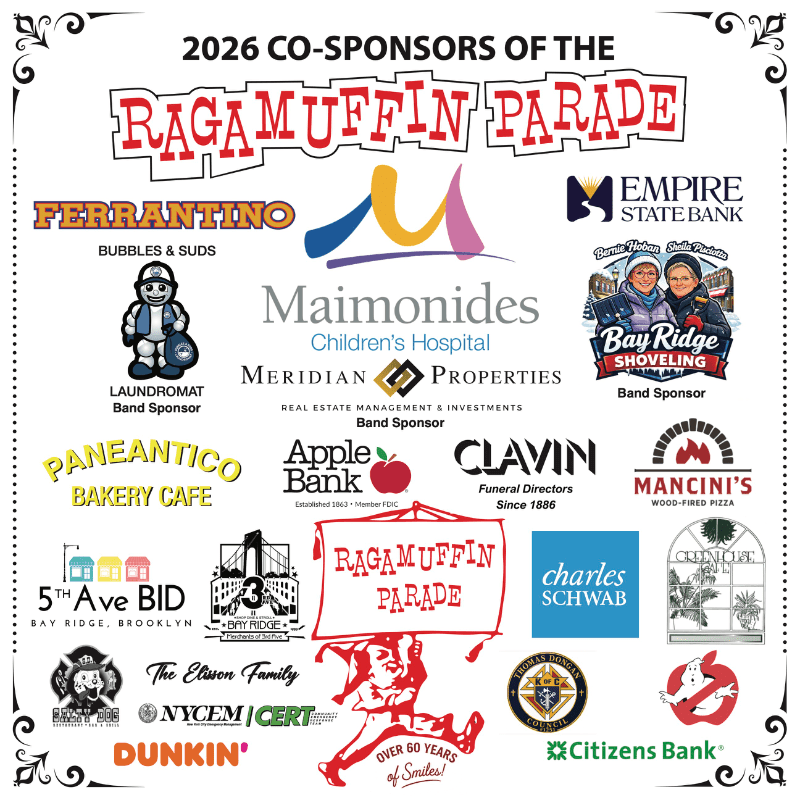 A collage of sponsor logos for the 2026 Ragamuffin Parade fills the frame, with the parade title prominently displayed at the top and various business and family names arranged below.
