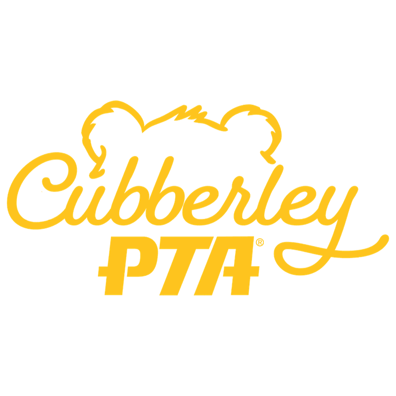 A yellow outline of a bear's head sits above the yellow text "Cubberley PTA" on a white background.