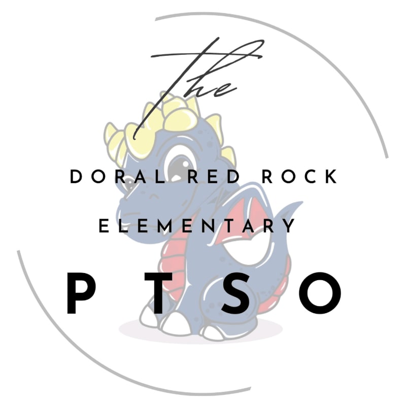 A cartoon dragon is centered in the foreground with the words "DORAL RED ROCK ELEMENTARY PTSO" in the background, all enclosed by a circular outline.