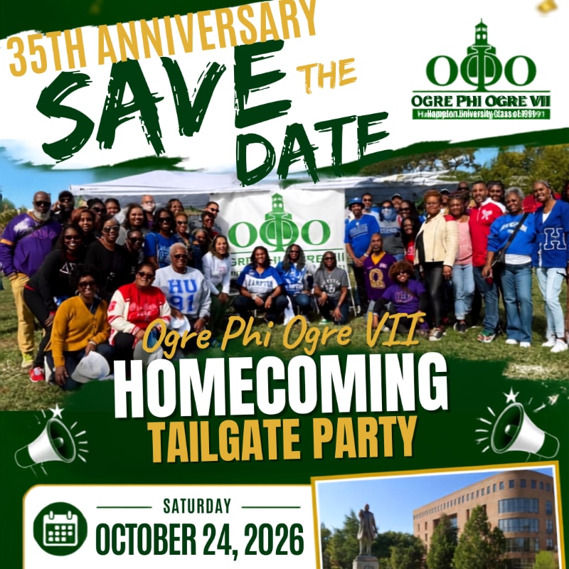 A large group of people are gathered for a homecoming tailgate party in front of a banner, with a campus building visible in the background.