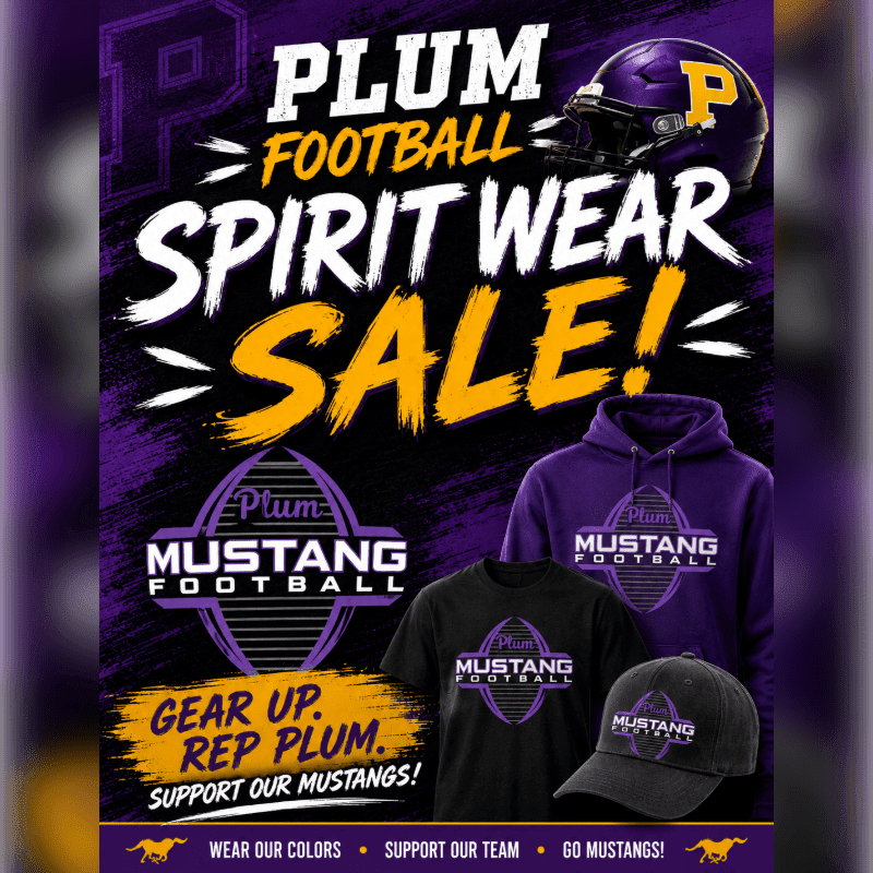A Plum Mustang Football spirit wear sale is advertised with a football helmet, hoodie, t-shirt, and cap in the foreground against a purple and black background.