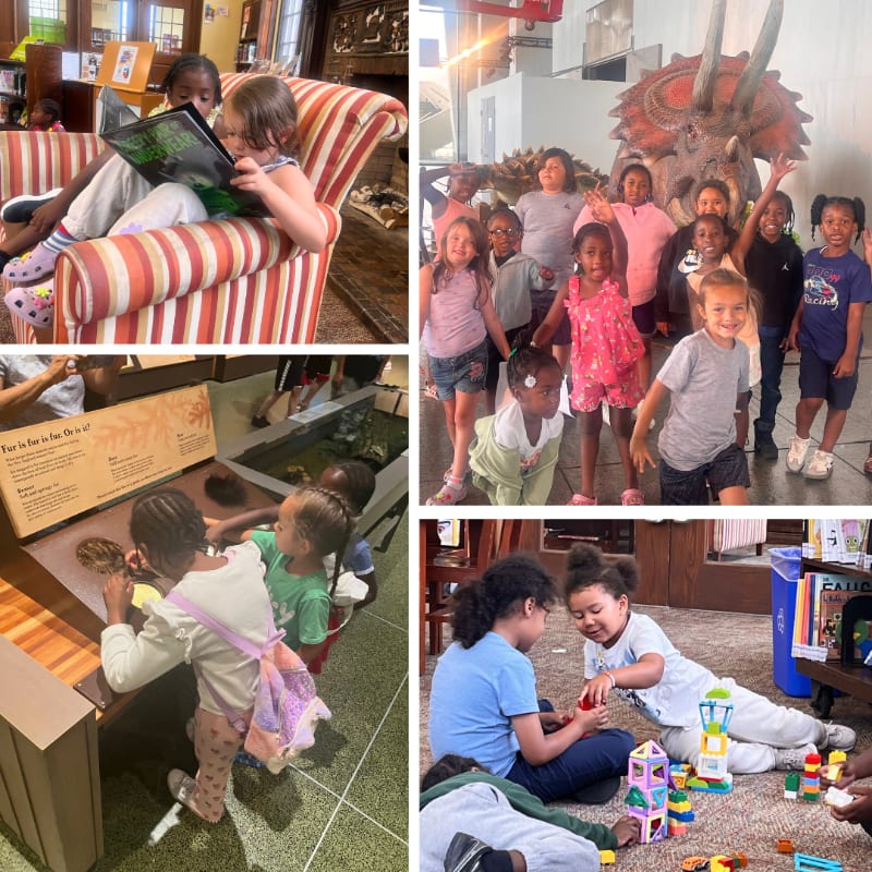 Children are engaged in various activities, from reading on a striped couch in a library to posing in front of a dinosaur skeleton at a museum, exploring exhibits, and playing with building blocks on a carpeted floor.
