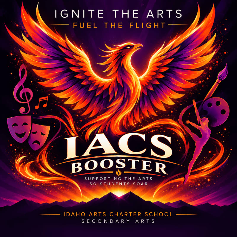 A fiery phoenix with outstretched wings dominates the foreground, surrounded by artistic symbols and the text "IACS BOOSTER," set against a backdrop of silhouetted mountains under a vibrant, glowing sky.