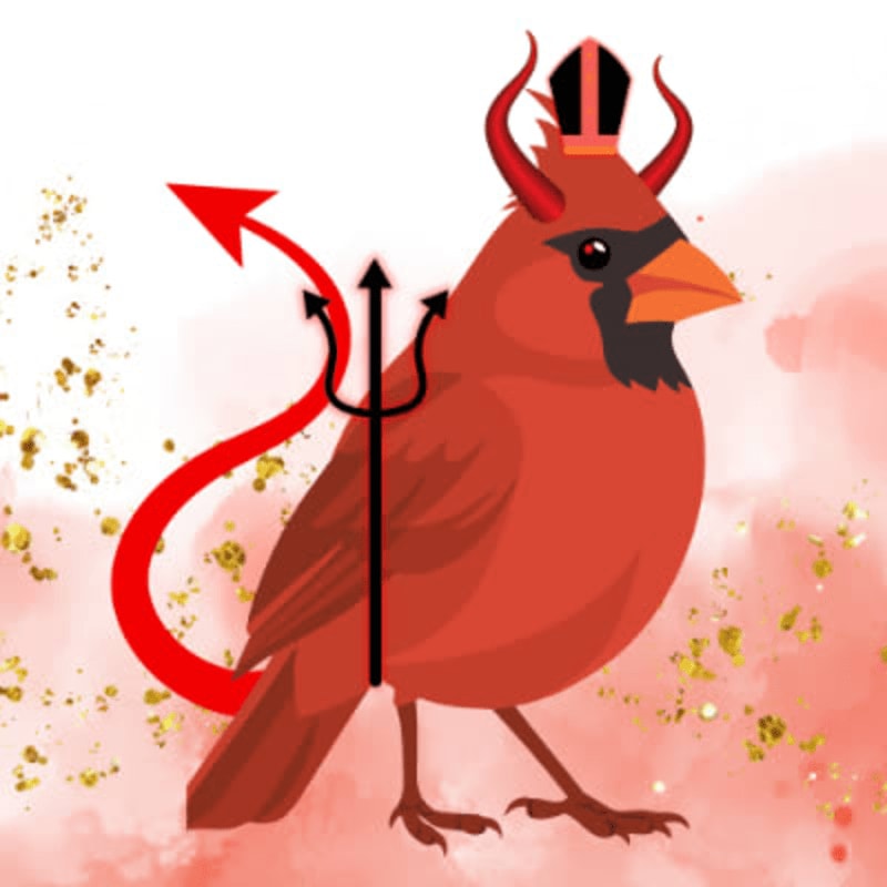 A devilish cardinal with horns and a trident stands against a watercolor background with gold glitter.