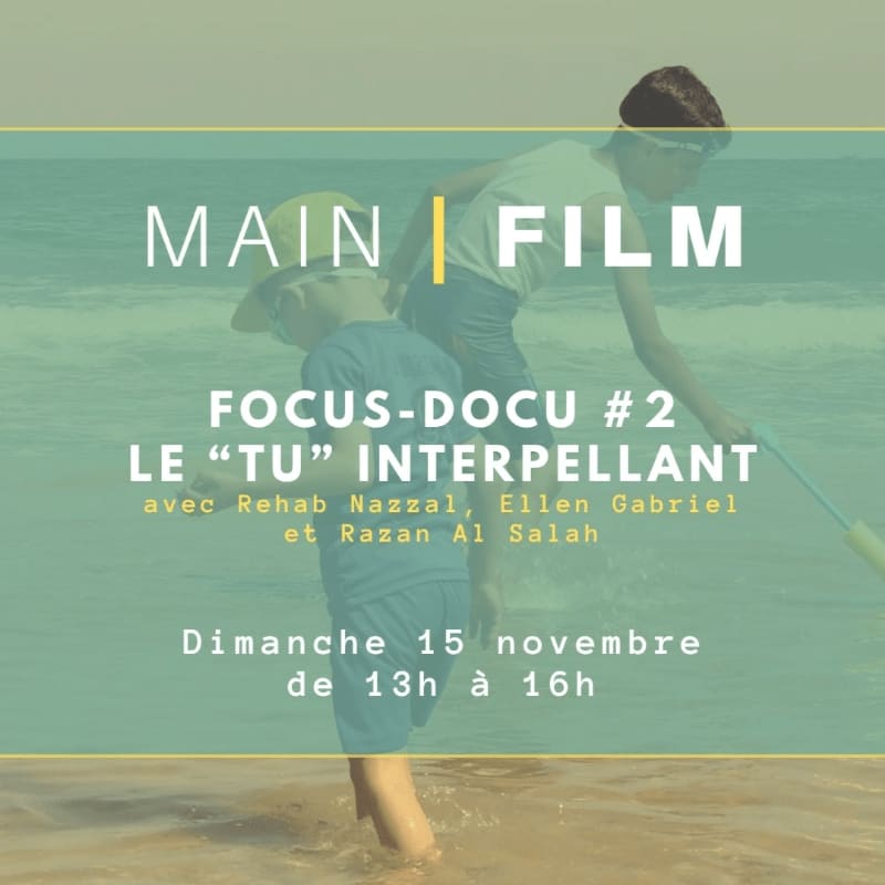 Two boys play in the shallow ocean water in the foreground, with text overlaying the scene advertising a film event.